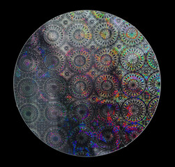 round foil sticker on black background with nice flower grid texture. design element or poster asset.