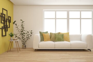 Fototapeta premium Yellow living room with sofa. Scandinavian interior design. 3D illustration