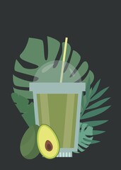 Detox vegan Avocado Cocktail, smoothies, fresh banner. Summer drink design with tropical leaves. Healthy drink.
