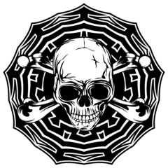Abstract vector illustration black and white human skull with crossed bones on round ornament. Design for tattoo or print t shirt.
