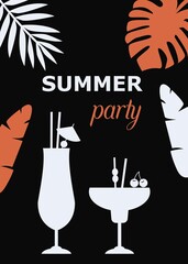 Summer party cocktail banner. Alcohol drink black and white icon design.