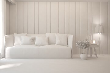 Mock up of stylish room in white color with sofa. Scandinavian interior design. 3D illustration