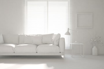 Mock up of minimalist living room in white color with sofa. Scandinavian interior design. 3D illustration