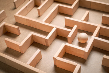 Wooden blocks maze game with wooden ball as subject to find the exit, complicated issue, busy and...