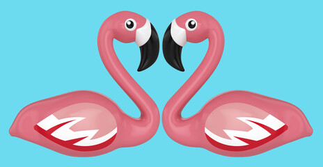 flamencos rosa con forma de corazón, mirando de frente, ave exótica, ilustración 3d