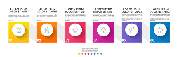 Fototapeta premium Infographic vector with 6 squares. Business line concept graphic process template with six steps and circles. Graphic timeline for app, website, interface, chart, web, diagram, banner, presentations