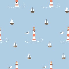 Obraz na płótnie Canvas Seamless pattern with lighthouses, cute cartoon seagulls and ships. Vector illustration. 
