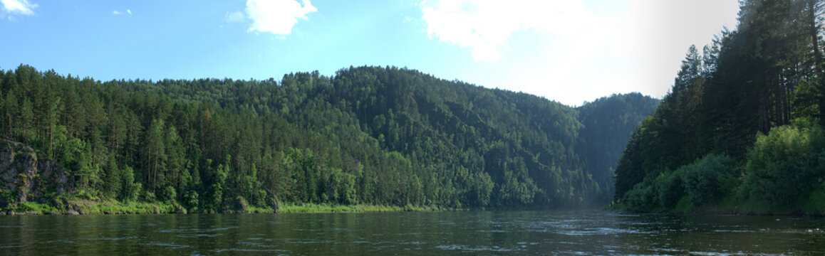 Geography, potamology. Middle Siberia (south part). Panorama of powerful rivers and taiga forests, summer, Typical coniform hill oreography (bald peak). - absence of people and virginal natural area
