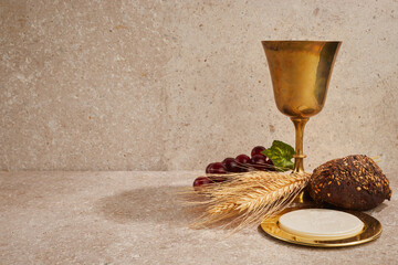 Easter Communion Still life with chalice of wine and bread