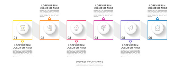 Vector line infographics with 6 circles, squares and arrows. Modern business concept graphic process template with six steps and icons. Graphic timeline for a project on white background