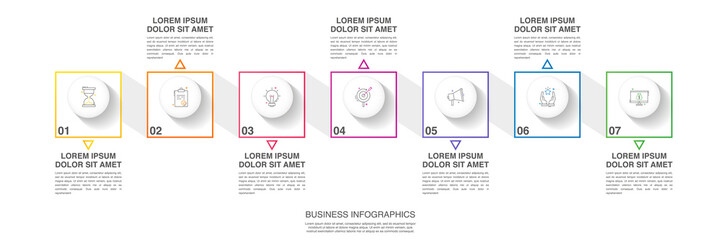 Vector line infographics with 7 circles, squares and arrows. Modern business concept graphic process template with seven steps and icons. Graphic timeline for a project on white background