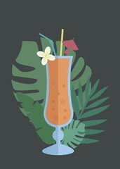 Summer cocktail banner,flyer,poster with tropical leaves. Drink design icon. Black background.