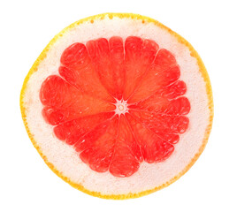 Fresh slice of grapefruit isolated on a white background, top view. Piece of fresh juicy red...