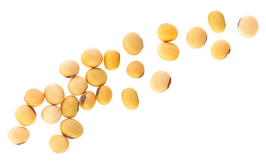 Soybeans isolated on a white background, top view. Dried soybeans.