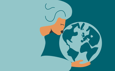 World earth day, happy eco day, woman kissing, protecting earth illustration