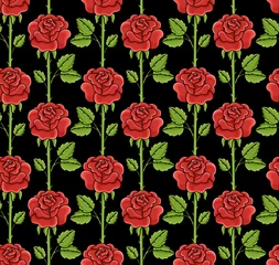 Fotobehang Tropische Bladeren Seamless floral pattern with red roses on a black background. Vintage floral background. Seamless pattern of red flowers roses and leaves. seamless design for fashion, fabric, wallpaper and all prints  © Elizabeth