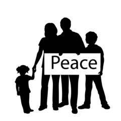 Silhouette family holds placard Peace.