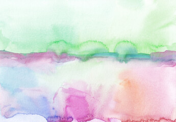 Watercolor pastel green, pink, blue, orange background texture. Abstract colorful watercolour landscape. Stains on paper, hand painted.