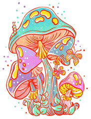 Colorful vibrant bright mushrooms over white - 496185758