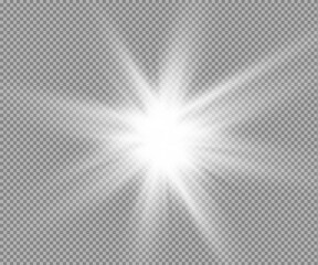 Solar glare.Glow isolated white transparent light effect set, lens flare, explosion, glitter, line, sun flash, spark and stars.