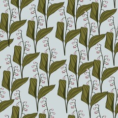 Lily of the valley seamless pattern. Hand drawn texture with flowers, buds, leaves . Line illustration.