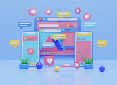 3d social media platform online social communication applications concept emoji webpage icon