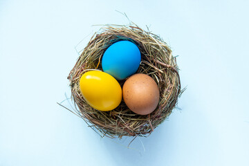 multi colors painted easter eggs in colors flag of ukraine yellow and blue. Happy Easter holiday...