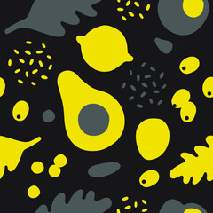 Floral vector illustration. Hand drawn pattern with modern exotic jungle fruits and plants