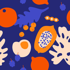 Floral vector illustration. Hand drawn pattern with modern exotic jungle fruits and plants