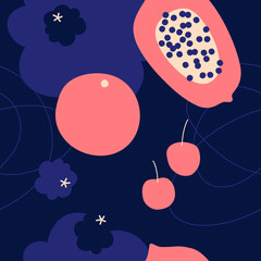 Floral vector illustration. Hand drawn pattern with modern exotic jungle fruits and plants