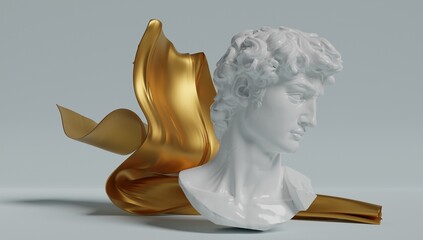 Abstract wallpaper of Michelangelo's head with a golden ribbon and light background. 3d rendering. - obrazy, fototapety, plakaty
