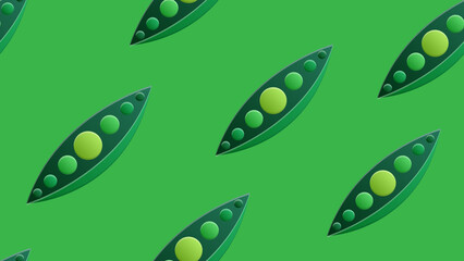 green peas on a green background, illustration, pattern. peas in a pod, inside are small round peas. pattern for wallpaper, cute pea image, vegetable base decoration