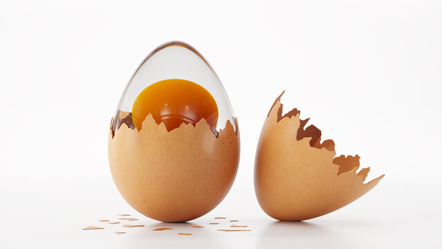 Broken brown chicken egg on white background. 3D render
