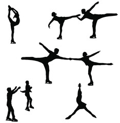 Set of silhouettes of figure skaters in single and pair skating. Winter sport. Vector illustration.