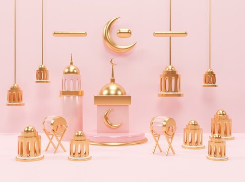 Islamic ramadan greeting background with 3d render podium mosque and islamic decoration