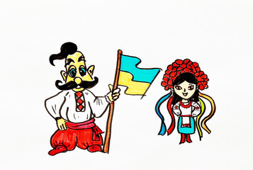 A man and a woman in Ukrainian national dress with a blue and yellow flag of Ukraine in their hands. Children's hand drawing.