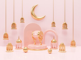 Islamic ramadan greeting background with 3d render podium mosque and islamic decoration