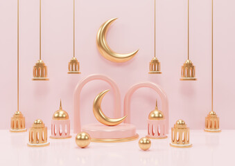 Islamic ramadan greeting background with 3d render podium mosque and islamic decoration