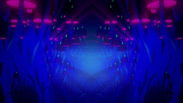 3d magic mushrooms in grass mirror abstract animation