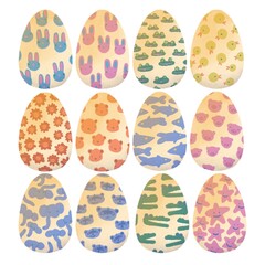 Set of 12 Watercolour pastel Easter eggs with different animals