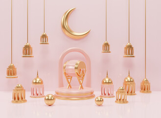 Islamic ramadan greeting background with 3d render podium mosque and islamic decoration