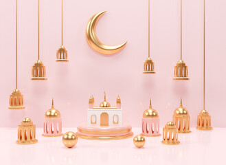 Islamic ramadan greeting background with 3d render podium mosque and islamic decoration