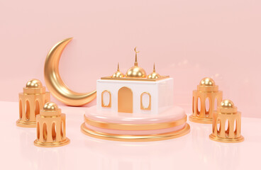 Realistic 3d islamic ramadan ornament background with mosque and islamic decoration