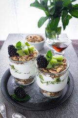 Parfait with kiwi, blackberries, granola and yogurt. Healthy and delicious dessert
