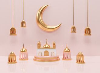 Realistic 3d islamic ramadan ornament background with mosque and islamic decoration