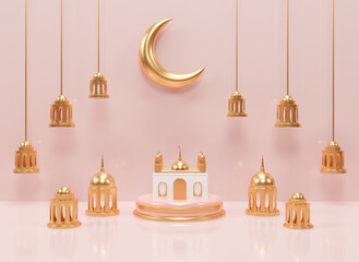 Realistic 3d islamic ramadan ornament background with mosque and islamic decoration