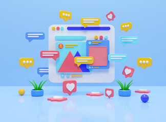 3d social media platform online social communication applications concept emoji webpage icon