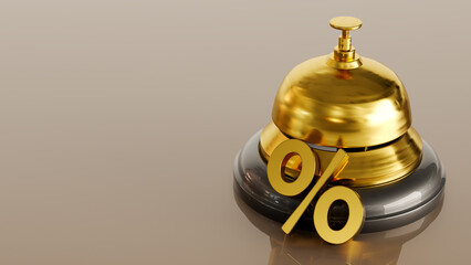 3d render of  gold Reception bell with percent sign isolated on brown background