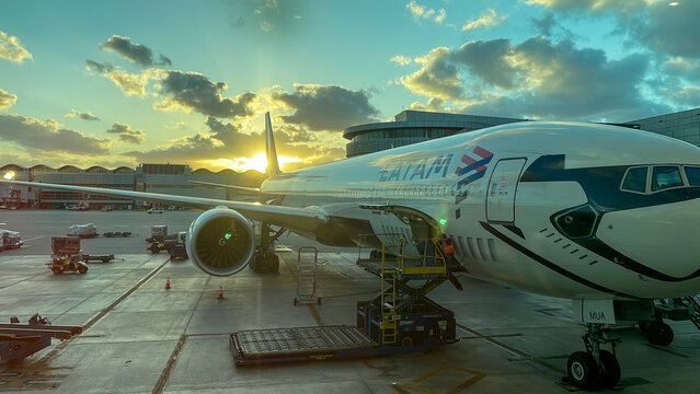 Latam plane waiting for passengers in the Miami airport parking lot. beautiful sunset background