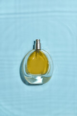 Bottle of perfume in water on color background, top view